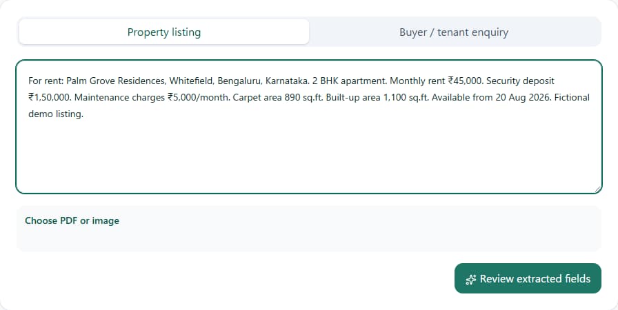 RakuMatch AI property input with fictional Bengaluru rental text ready for field extraction