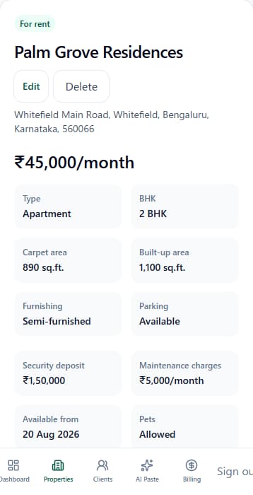 RakuMatch AI rental property screen with fictional Whitefield listing details including BHK, carpet and built-up area, monthly rent, security deposit, maintenance charges, and available-from date
