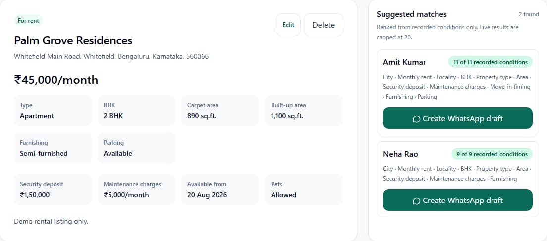 RakuMatch AI rental property screen with fictional Whitefield property details and two suggested tenants ranked from recorded conditions