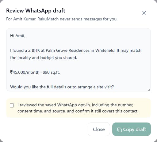 RakuMatch AI WhatsApp review modal with an editable fictional draft, saved opt-in confirmation checkbox, and disabled copy button